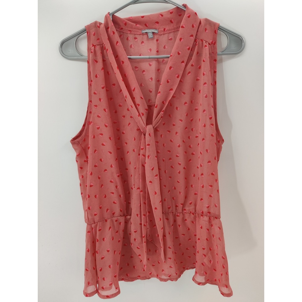 Charlotte Russe Pink Heart Print Sleeveless‎ Tie Neck Peplum Blouse Top Womens M
